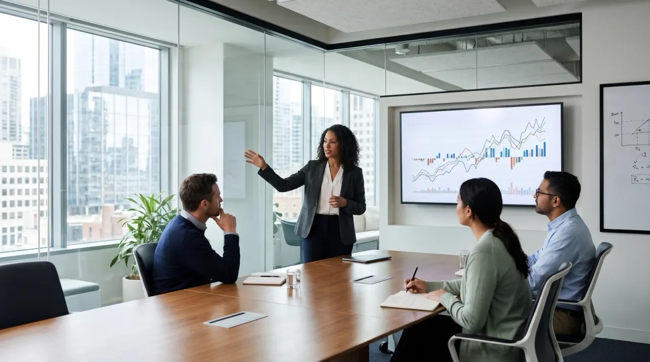 Präsentation von Diagrammen vor Kollegen im Besprechungsraum mit Glaswänden