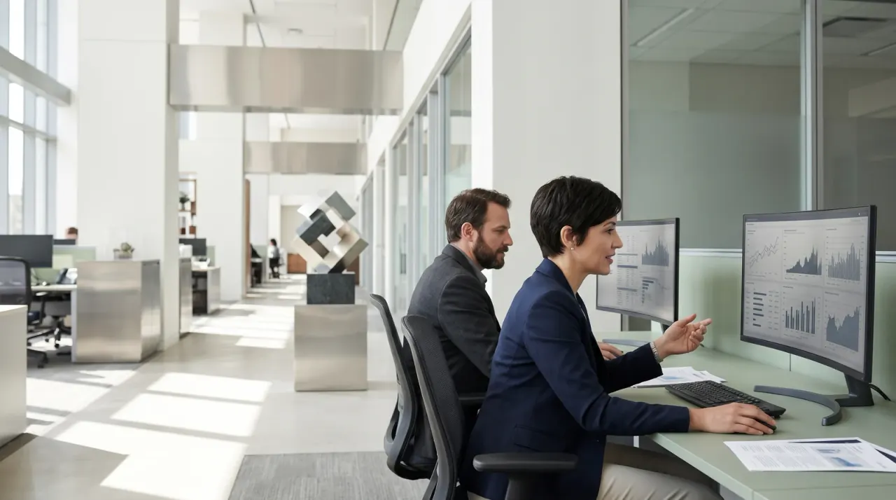 Zwei Fachleute besprechen Diagramme an Monitoren in einem hellen Büro