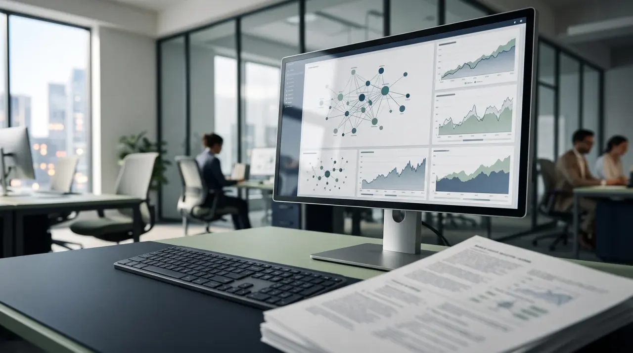 Monitor mit Netzwerk- und Kurvendiagrammen, davor Tastatur und Papierunterlagen